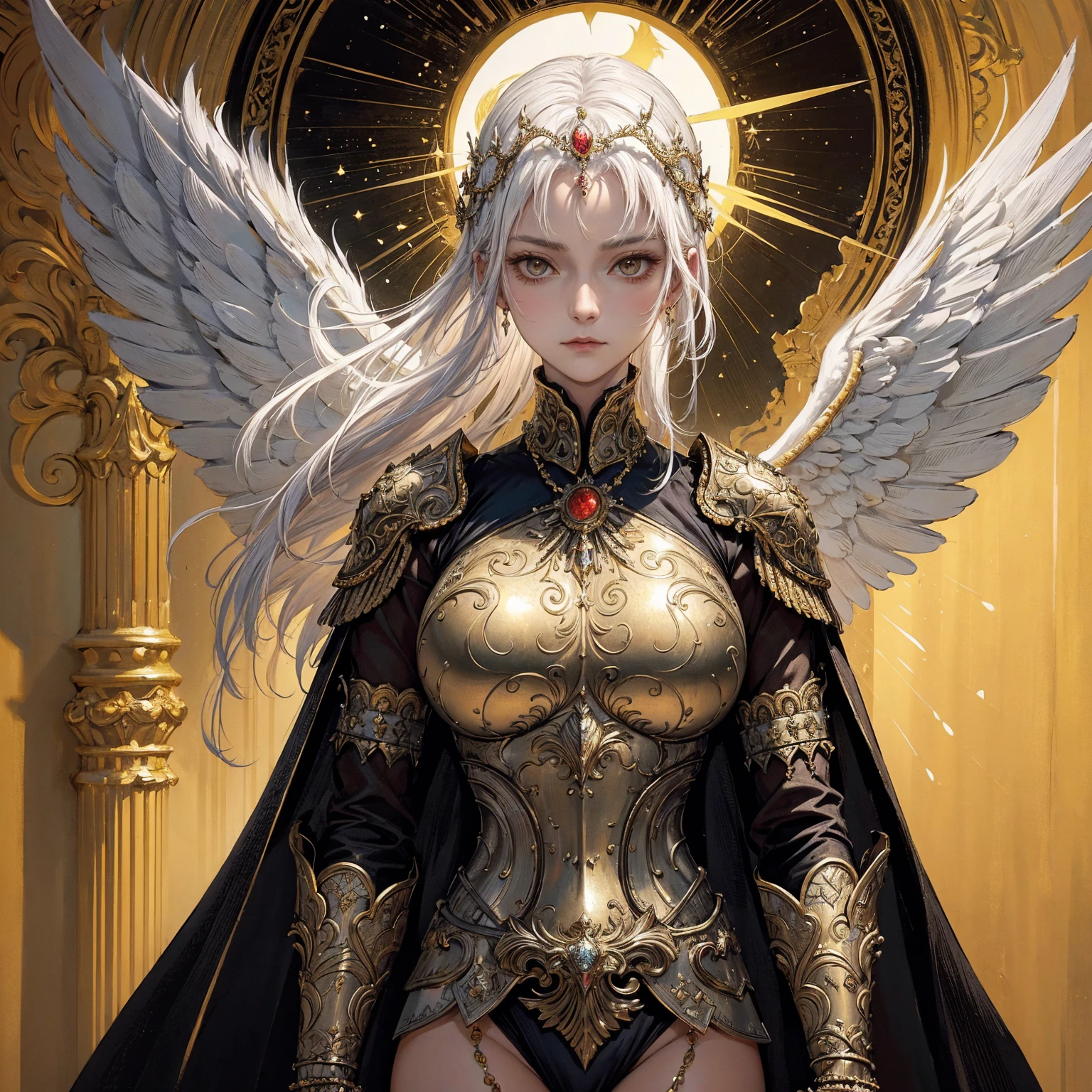 Art of elderly mature woman wearing sun crown, Wearing ornate breastplate that exposes a small amount of skin above the chest, A pair of armored angelic wings spreading out behind the woman, The wings have extremely huge size that even bigger than the woman's body, Ancient goddess art, Sacredness. Very detailed, Mysterious inspiration, Inspiration from the Sun God, Religious inspiration, Cold and snobbish face, No smile, Dangerous impersonal expressions, White hair, Standing, Full body portrait, Gothic art style, Weird art style, Occult art