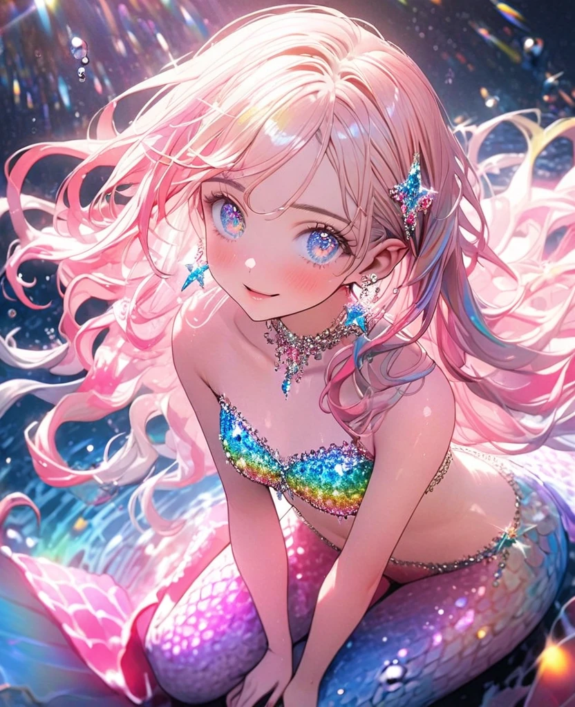 8K,gal，an extremely delicate and beautiful,Beautiful and realistic skin,Shiny jewel-like earrings,Shine like glitter long colorful hair,beautiful eyes,pink mermaid,sparkling bikini,glitter background,full body