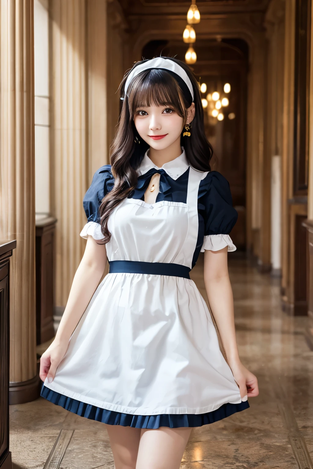 Detailed image of a young female character standing in a grand hall lined with marble columns。She has short, wavy blue hair、Has side fringe、Adorned with a white frilly headband and blue ribbon。Big blue eyes are kind、He has a slightly sad expression、There is a slight redness on the cheeks。She is wearing a classic maid outfit.、In a black puff sleeve dress、White apron with lace trim、And a blue ribbon on the neckline.。The apron has gold teardrop decorations.、It is secured by a thin gold chain。She is holding the skirt of her dress with one hand、It is lifted a little、Her other hand is delicately placed to touch the ribbon on her chest.。In the background there is a blurred white decorative building.、The soft, indirect lighting creates a calm and elegant atmosphere.。smile、Large Breasts、Red plaid apron、Colorful hair colors、かわいいポーズ、