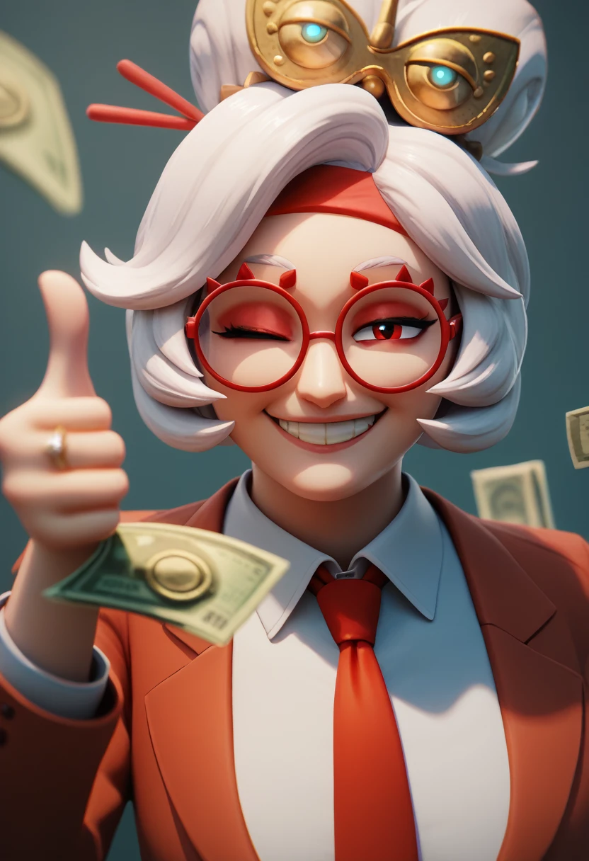 score_9, score_8_up, score_7_up, score_6_up BREAK solo,purah,red headband,red glasses ,gangstersb, thumbs up, one eye closed, grin, smile, smile,hat,money, holding money, portrait, cropped torso,ring, formal, necktie, suit, striped, looking at viewer  