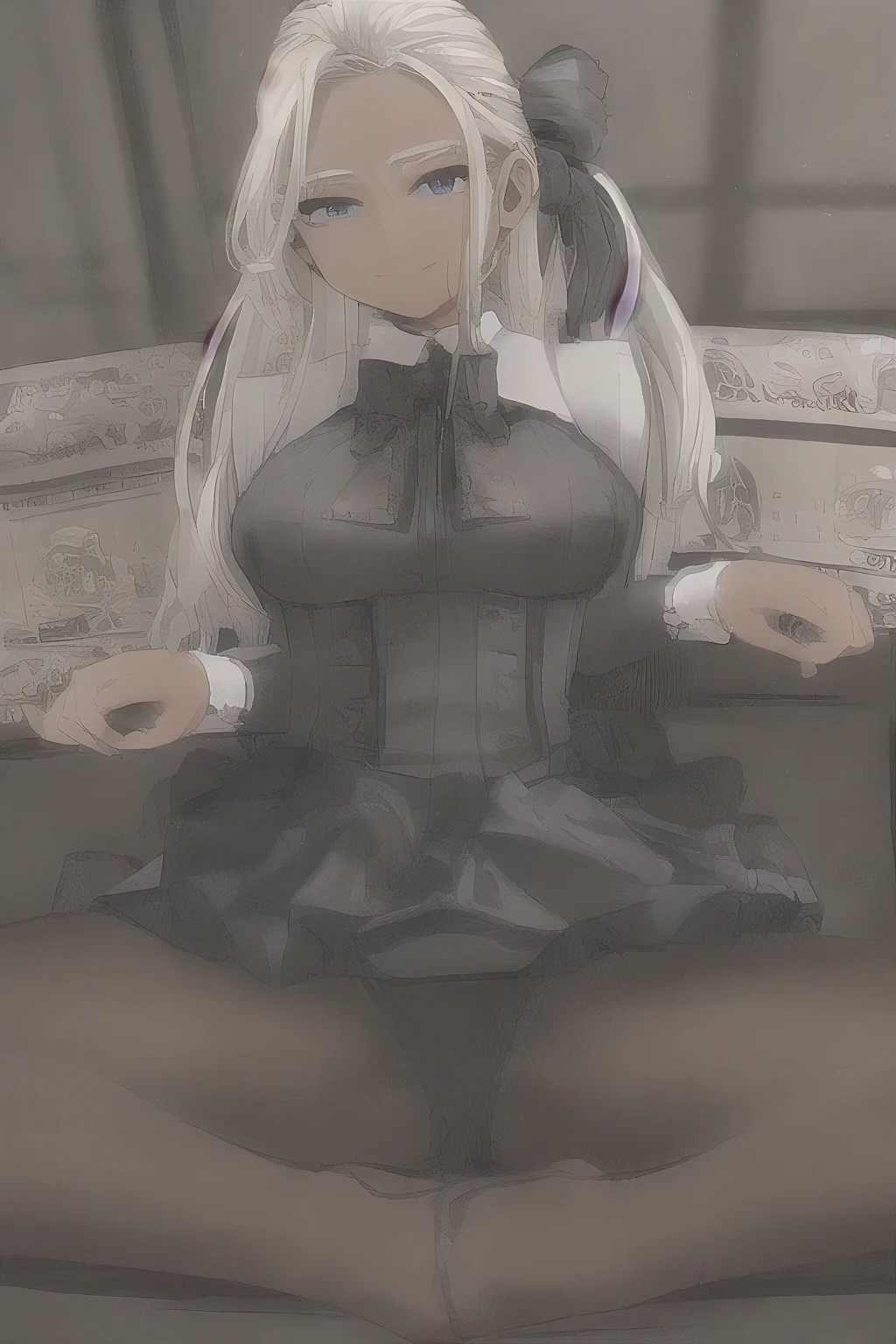 ((masterpiece)), ((best quality)), ((highest quality)), ((ultra-detailed)), ((8k cg wallpaper)), ((extremely delicate and beautiful)), ((illustration)), (high resolution), 1lady, smile, pantyhose, detailed hands, sitting in office chair, office desk, looking at viewer, blue eyes, black skirt, raised (a hot secretary, pencil skirt, stockings, sitting on a white sofa, surrounded by five dark-skinned men who desire sex), (best quality,4k,8k,highres,masterpiece:1.2), ultra-detailed,(realistic,photorealistic,photo-realistic:1.37), passionate, confident, seductive expression, alluring eyes, luscious lips, flawlessly styled hair, elegant black blouse, perfectly tailored silhouette, high heels, stockings, luxurious satin stockings, shapely legs, sensual poses, yearning eyes, desire-filled gaze, muscular physique, chiseled features, alluring smiles, intense longing, dark and mysterious presence, masculine energy, vibrant colors, warm lighting, spread her legs, pantyhose, mommy, milf sexyThere is a beautiful woman in an office setting. She has stunning, detailed eyes and lips, and she's wearing a flirtatious smile. Her blonde hair is perfectly styled. She's dressed in a sexy secretary outfit, complete with a pencil skirt, stockings, and high heels. As she sits on a white sofa, surrounded by five dark-skinned men, desire fills the air. The office desk is cluttered with papers and a computer, and the window reflects the vibrant lights of the city. The prompt is of the best quality, with ultra-detailed and realistic features. The colors are enhanced with HDR and studio lighting, creating an intimate and seductive atmosphere.