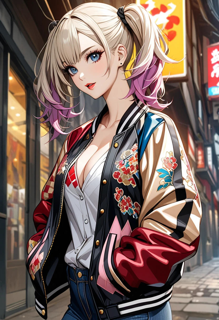 Beautiful woman Harlequin She is wearing a Sukajan jacket