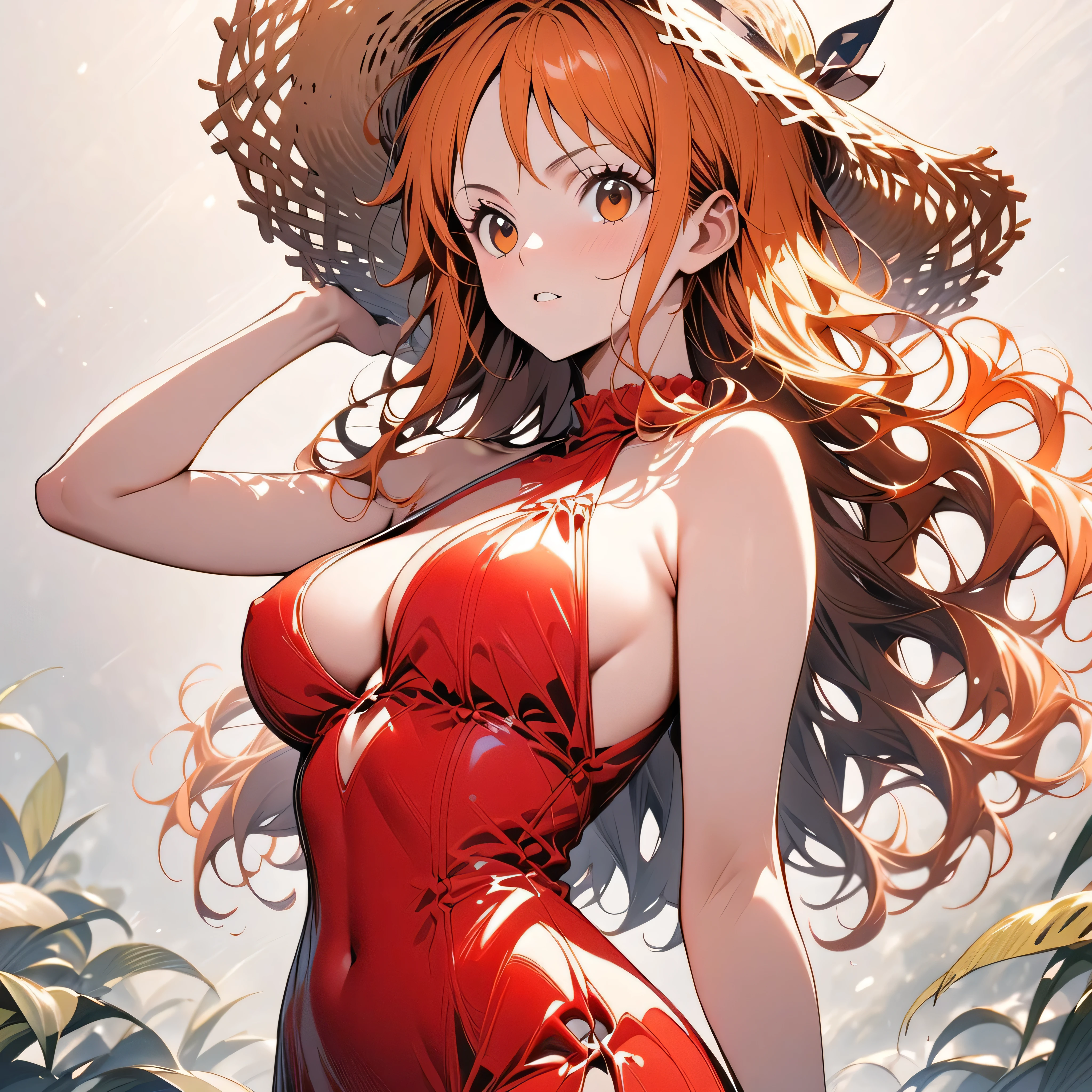 (masterpiece, best quality), intricate details, 1girl, age 19, orange hair, nami, nami \(one piece\), orange eyes, long hair, plain red halter neck mini dress, no design on dress, sleeveless, high neck, stylish clothes, body fit, I cup breasts, plain background, medium contrast, subject fully visible, full subject in frame, wearing a straw hat on head (\subject posing for a photoshoot\).
body measurements- B98-W58-H88 (38.58"-22.83"-34.65"), single person, upper body shot, straw hat on head, 