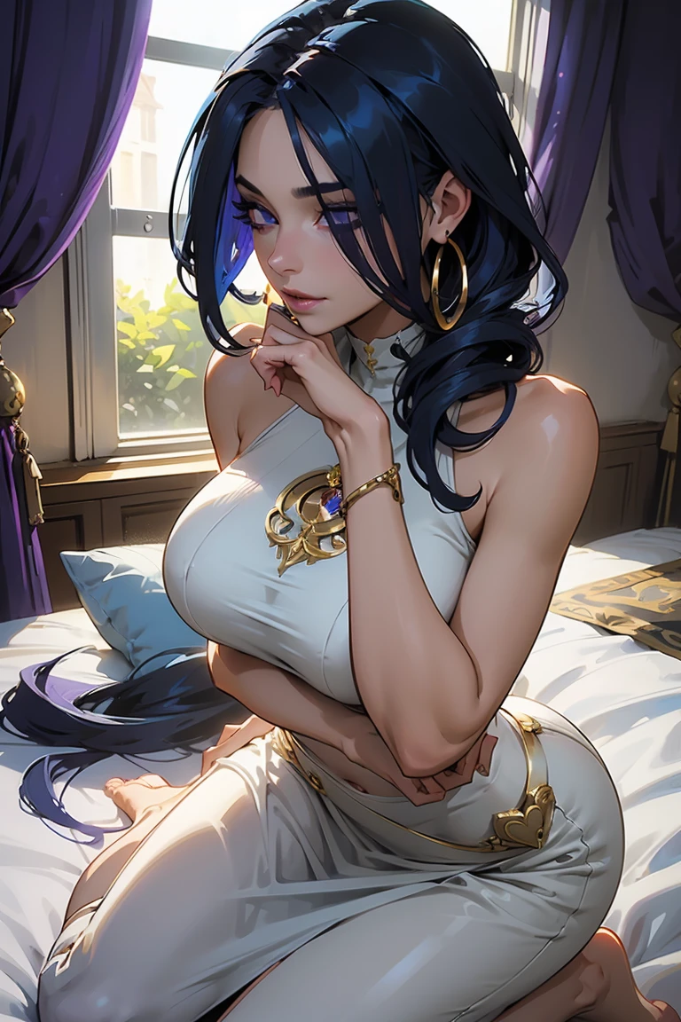 masterpiece, best quality, HD, 4K, Ultra-high resolution, Extreme Detail, Super detailed,
beautiful eyes, beautiful hair, Beautiful side, beautiful skin,dutch angle ,Candace character in genshin impact,purple hair, blue left eye,the right eye is yellow, cat-shaped cleavage costume, Cat ears,Wet clothes,big breasts, thigh, buttock, sitting cross-legged, arms at the back spread their arms,ahegao, blush, sweat, ashamed, bed, pov