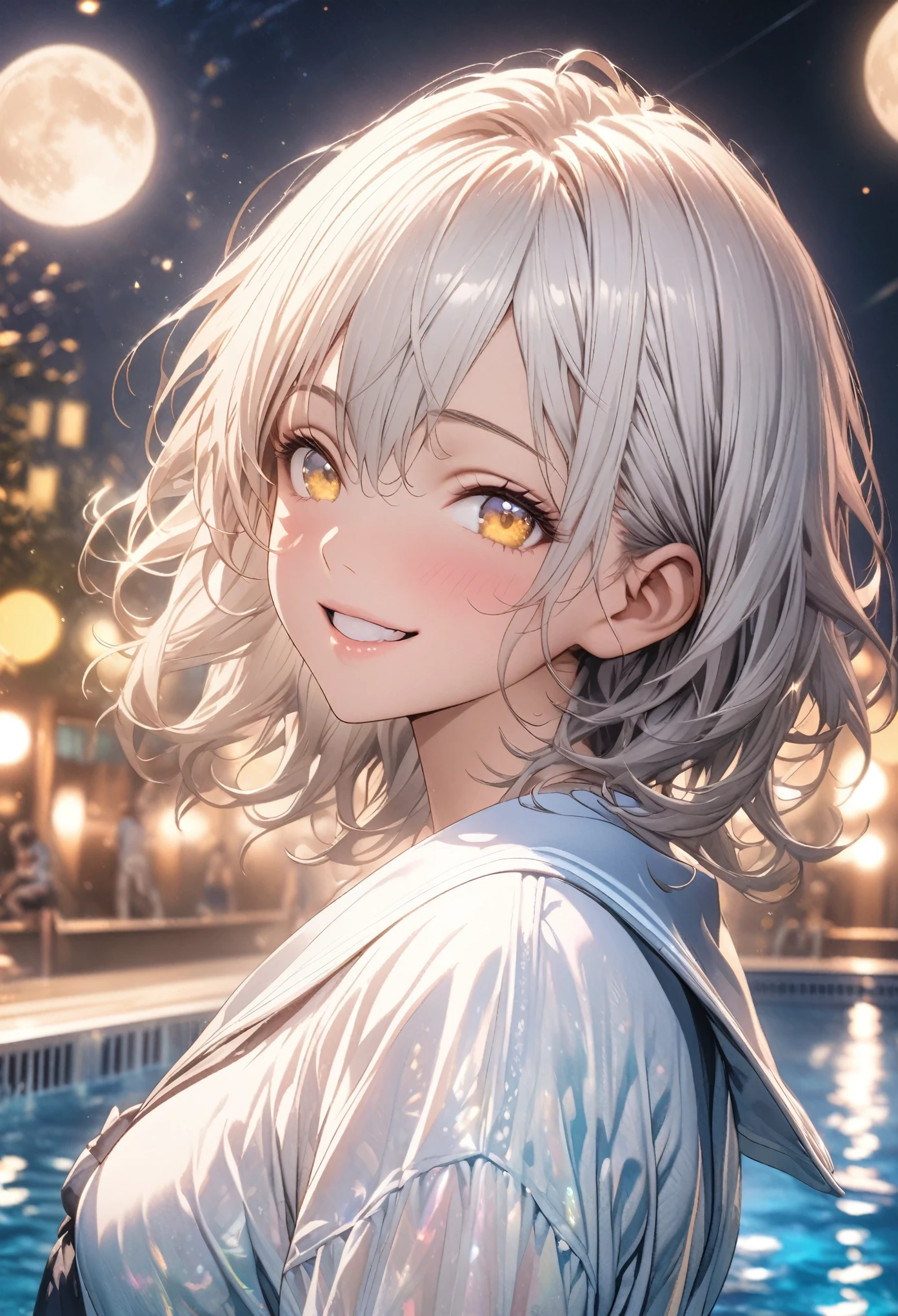 masterpiece, Highest quality, Highly detailed CG Unity 8k wallpaper, Realistic skin texture, Realistic texture, Anatomical Hand, High School Girl Anime Illustration. Wear a white swimsuit、peace fingersポーズをしている、she has her eyes closed and mouth open, smile. The background is a light pastel colored landscape., White hair color, Yellow Eyes, night, Neon light pool, illumination, Bokeh, full moon, shallow depth of field,
