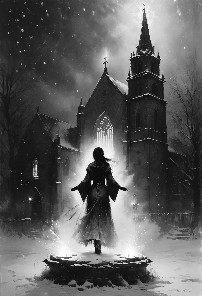 Black and white art, Sketch, fine lines and shading, a scattering of dots and lines creating a modern glitch effect, a serene winter scene depicting a beautiful woman standing gracefully in front of an enchanting snow-covered church, her graceful silhouette silhouetted against the soft glow of candles emanating from within, snowflakes falling softly around her, decorating her hair and red cloak with a delicate layer of frost, the frosty pattern creating a sense of ethereal beauty and peace, Fujifilm XT3, sharp focus, bokeh (dark light), inspiration. Authors: Jim Mahfood, Henry Asencio, Greg Rutkowski, Craig Davison, Jenny Saville, Bernie Wrightson, Frank Frazetta,Black and white art, black pencil shading, charcoal drawing, toned paper, pencil drawing, brutal dark b/w color scheme. style-sylvamagic, greg rutkowski