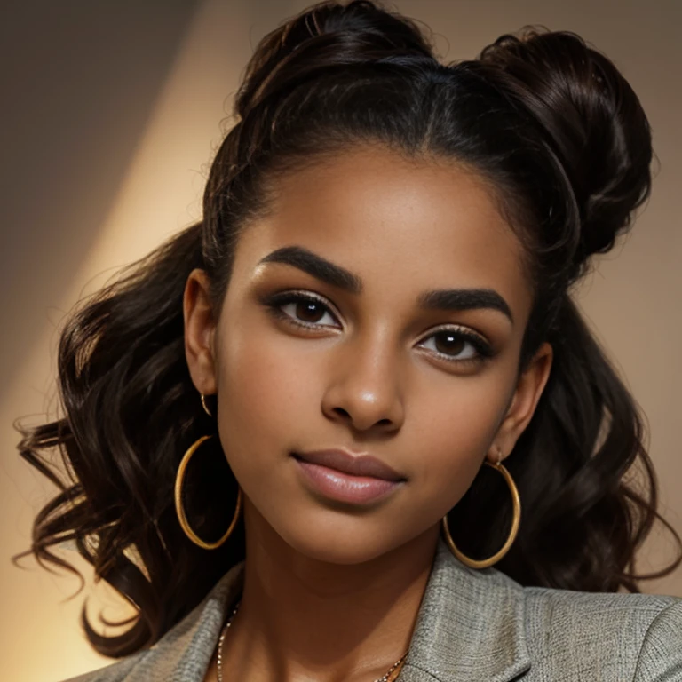 Create a hyper-realistic portrait of a young woman with medium to dark curly hair styled in a half-updo. She has a warm brown skin tone, large expressive eyes with well-defined eyebrows, and a delicate nose ring on her left nostril. Her facial expression is confident and poised. She is wearing large hoop earrings and a light-colored jacket with a high collar. The background is softly blurred to emphasize her features.