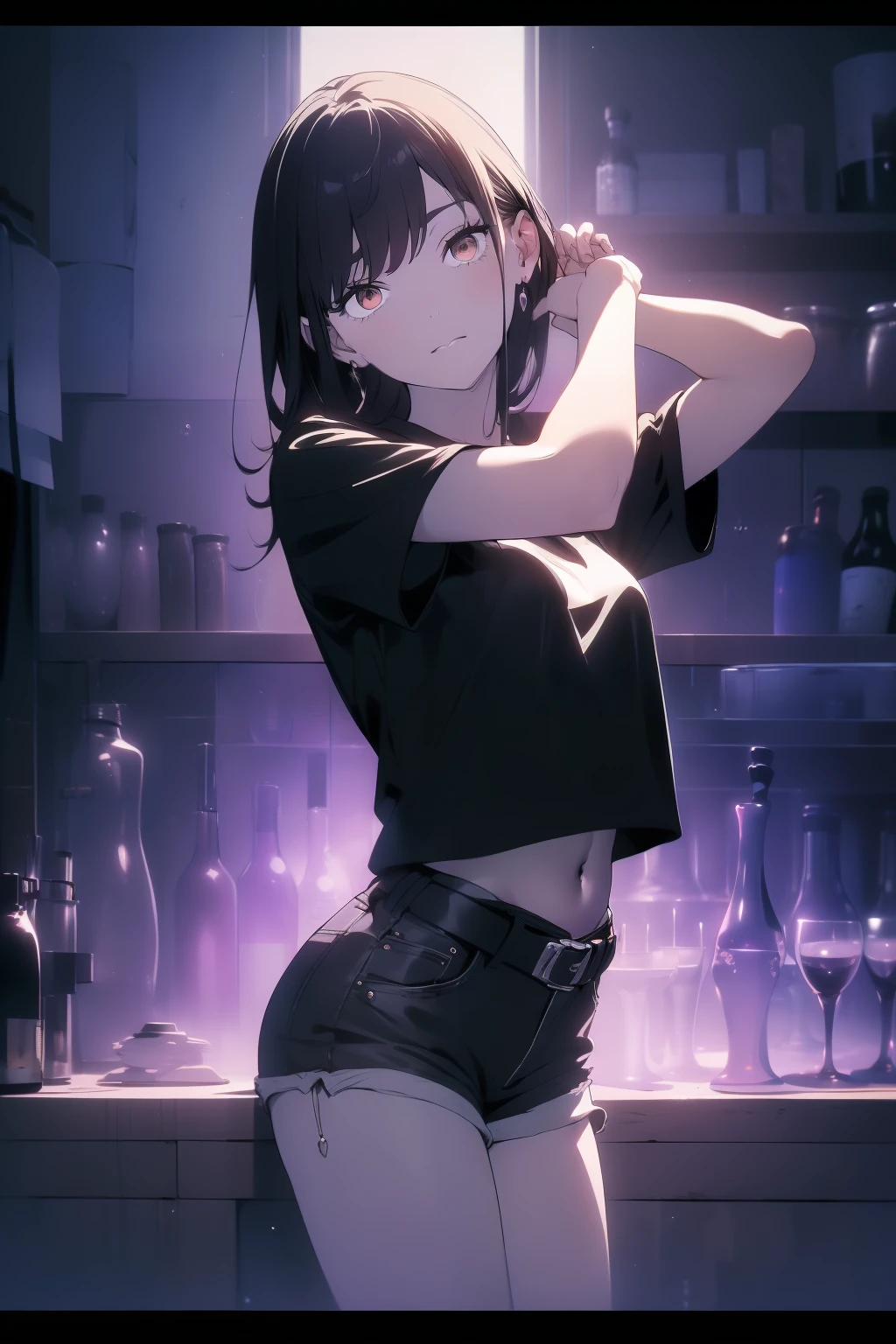 (((Obra maestra, La mejor calidad, ultrahigh resolution))), ((expressive black eyes)), a clear view of a happy looking girl standing in a club waiting for someone)), (white short sweater top, jean shorts, brown belt, black hair, short dark black hair), pale skin, ((black eyes)), (glowing_eyes), ((centered)), ((wide shot)), facing viewer, ((indoor , purple and black lights, black dancing silhouettes:0.9)), medium breasts, looking at viewer, ((perfect hands)), (((head:1, arms, hands, elbows, thighs, in view))), lively eyes, beautiful lighting, background, ((defined subject)), 25 years old, (head tilt), (((cool))), ((lively)), (((reserved pose))), ((perfect anatomy))