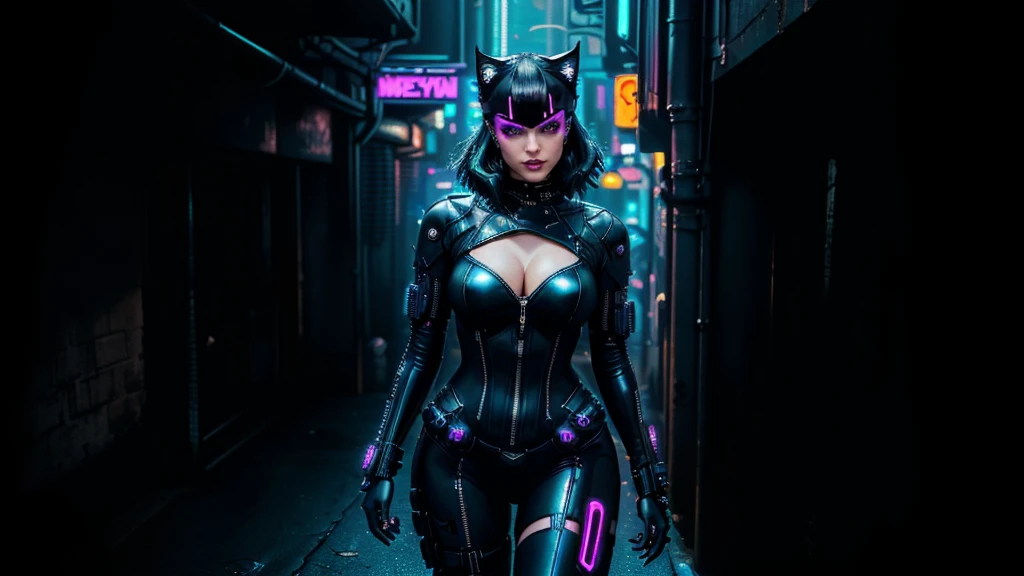 Catwoman from Batman in a dark alley with a neon light, Cyberpunk 2 0 ans. Oh model girl, female cyberpunk anime girl, in the cyberpunk city, inspired by the cg company, seductive cyberpunk dark fantasy, cyberpunk angry gorgeous goddess, cyberpunk femme fatale, ultrarealistic cyberpunk art 8k, cyber black, cyberpunk oppai, cyberpunk glossy latex suit, in a cyberpunk style