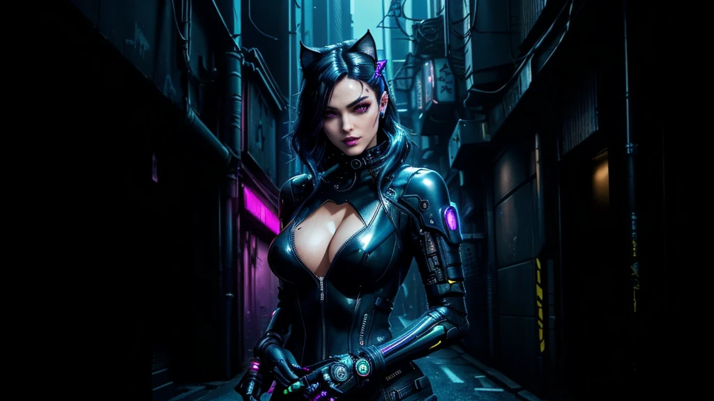 Catwoman from Batman in a dark alley with a neon light, Cyberpunk 2 0 ans. Oh model girl, female cyberpunk anime girl, in the cyberpunk city, inspired by the cg company, seductive cyberpunk dark fantasy, cyberpunk angry gorgeous goddess, cyberpunk femme fatale, ultrarealistic cyberpunk art 8k, cyber black, cyberpunk oppai, cyberpunk glossy latex suit, in a cyberpunk style