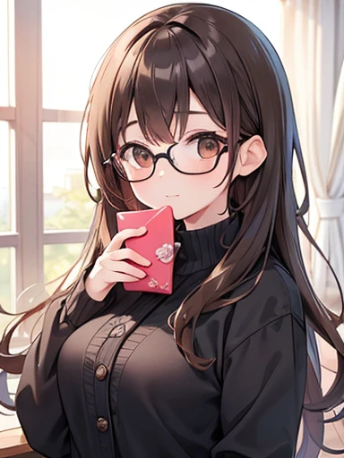 1 female、Brown haired、Brown eyes、Black-rimmed glasses、Fascinating 、Gorgeous face、Perfect body。Highest quality、Ultra-detailed、8k resolution、RAW Photos、Tabletop。valentine's day、chocolate。Laughter。