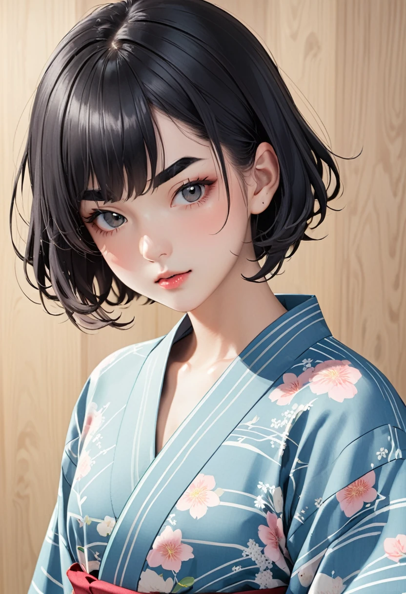 (fashion magazine gravure:1.3),(masterpiece, best quality:1.1),A gravure photo of a girl from the Edo period, with a model posing in a yukata,bird symbol pattern yukata,open yukata,model posing,summer,whole body,BREAK.(16yo,detailed face,(jet-black wavy-short hair),thick eyebrows),shiny hair,