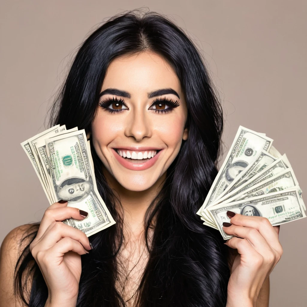 bearded woman beautiful shaggy beard, black hair, brown eyes, eyeliner, proud smile, seductive look, hold a load of dollar bills
