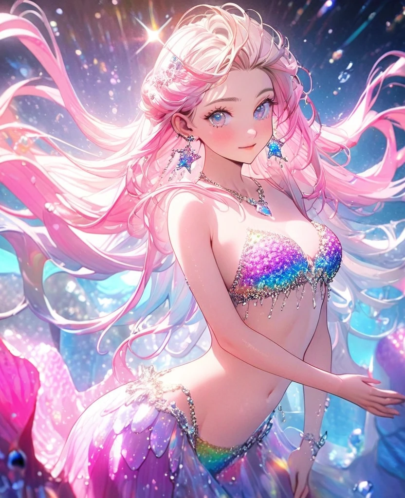8K,gal,an extremely delicate and beautiful,Beautiful and realistic skin,Shiny jewel-like earrings,Shine like glitter long colorful hair,beautiful eyes,pink mermaid,sparkling bikini,glitter background,full body