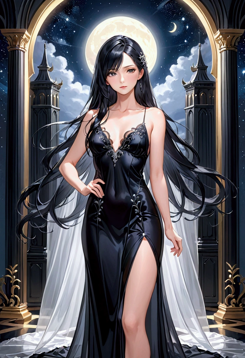 Mature Girl with long black hair with silver highlight, dark onyx eyes,tall rectangular body figure,night gown