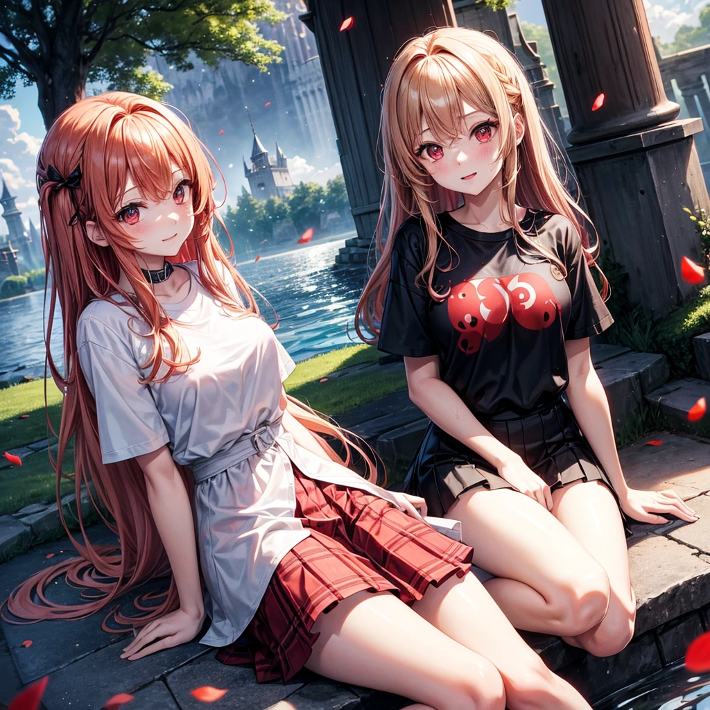 Red-blonde、Red eyes、One cute girl、solo、And soul、Light clothing、Checked mini skirt、petal、Wet hair、Sit on、black t-shirts、large tree、cloud、full moon、monster castle、lanthanum、Hell's Gate、Craft Gatekeeper、barefoot、Stones are piled up、Teeth are visible、Secret Treasure、Wooden chair、Wooden fence on fire、ostrich egg
