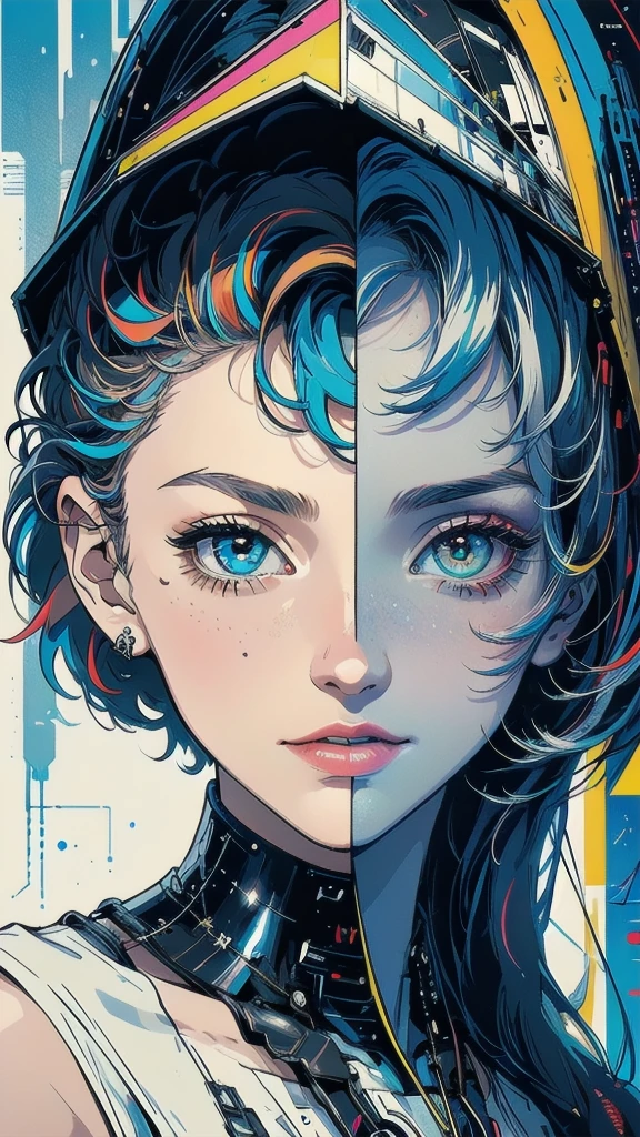 (((masterpiece, highest quality))),(((solo:1.2))),(((1girl:1.2))),32k wallpaper, very detailed, poster, vintage science fiction,(((((geometric cinematic movie poster))))), ((bauhaus)),(shape),(((abstract))),(mid century modern),movie poster,(((((portfolio))))),(((((Close-up))))),(((((bust up))))),((((more various angle)))),(((highlight))),Vast landscape,((((heterochromia)))),(((complete. detailed face))),(((Extremely talented))),(((most complecated machine))),(Colorful color scheme)