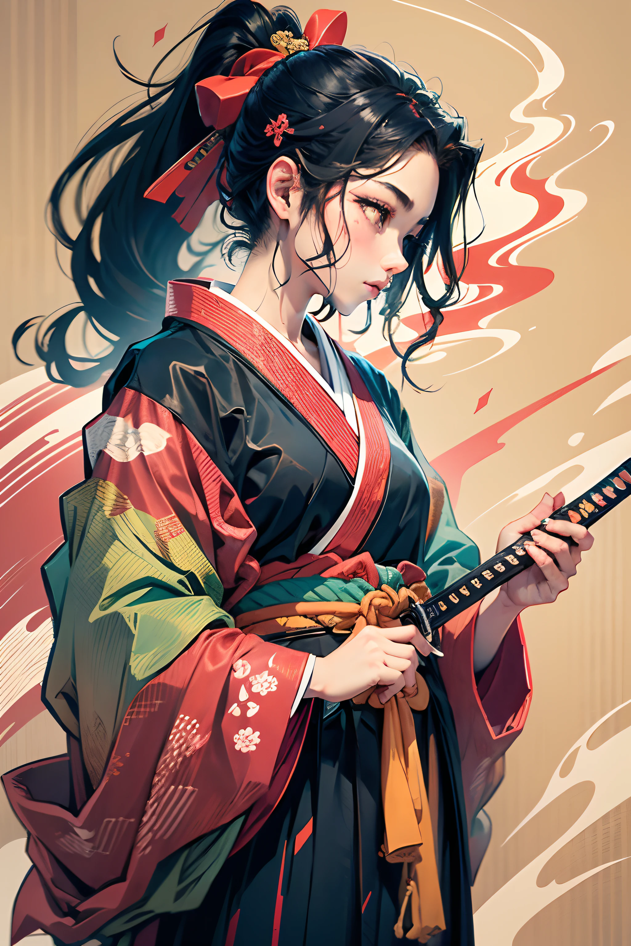 This is a full-body painting using natural colors and Hokusai-style lines.、Kengo、1 Bear Servant。return々With a determined gaze,、Long black hair and ponytail、Wearing a red kimono.、The same is true for Hakama Castle。He holds a Japanese sword in both hands。Raise your arms above your head、Trying to cut the top of your head。with the highest quality、In a swirling flame in the style of a masterpiece high-resolution ukiyo-e。Beautiful face、beautiful eyes、Detailed depiction、