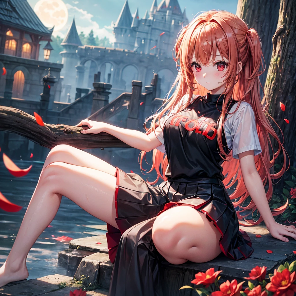 Red-blonde、Red eyes、One cute girl、solo、And soul、Light clothing、Checked mini skirt、petal、Wet hair、Sit on、black t-shirts、large tree、cloud、full moon、monster castle、lanthanum、Hell's Gate、Craft Gatekeeper、barefoot、Stones are piled up、Teeth are visible、Secret Treasure、Wooden chair、Wooden fence on fire、ostrich egg