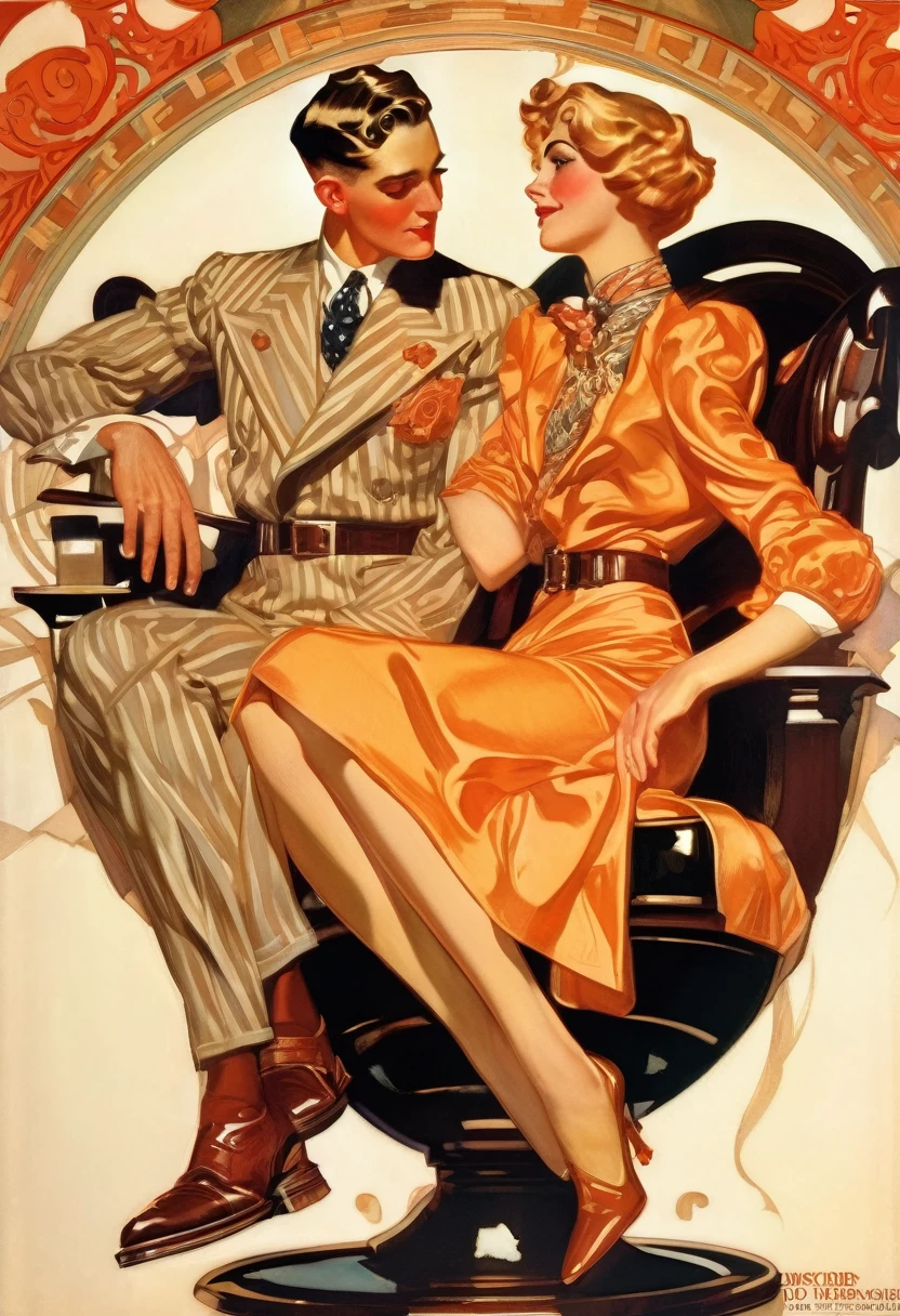 There is a poster of a man and a woman sitting on chairs., Magazine cover art, Joseph Leyendecker, Leyendecker, J c Leyendecker, Jc Leyendecker, Vintage magazine illustration, J.c Leyendecker, J. c Leyendecker, part Leyendecker style, Leyendecker style, Magazine Art Cover Illustration