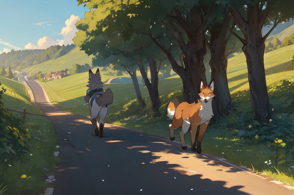 a clever fox walking away from grapevines who walk like a animal, disappointed expression, intricate fur details, detailed eyes and face, natural landscape, rolling hills, lush greenery, warm lighting, cinematic composition, muted color palette, photorealistic, highly detailed, 8k, best quality