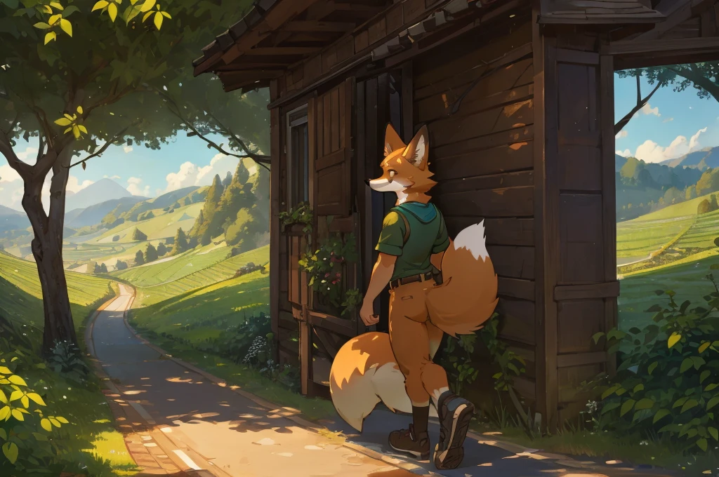 a clever fox walking away from grapevines who walk like a animal, disappointed expression, intricate fur details, detailed eyes and face, natural landscape, rolling hills, lush greenery, warm lighting, cinematic composition, muted color palette, photorealistic, highly detailed, 8k, best quality 