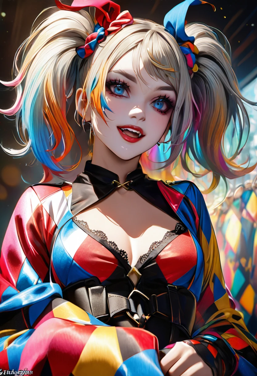 Girl in a clown costume with a cartoon and sexy style, with white skin, bunny ears, big thighs, and a seductive smile. Environment: circus