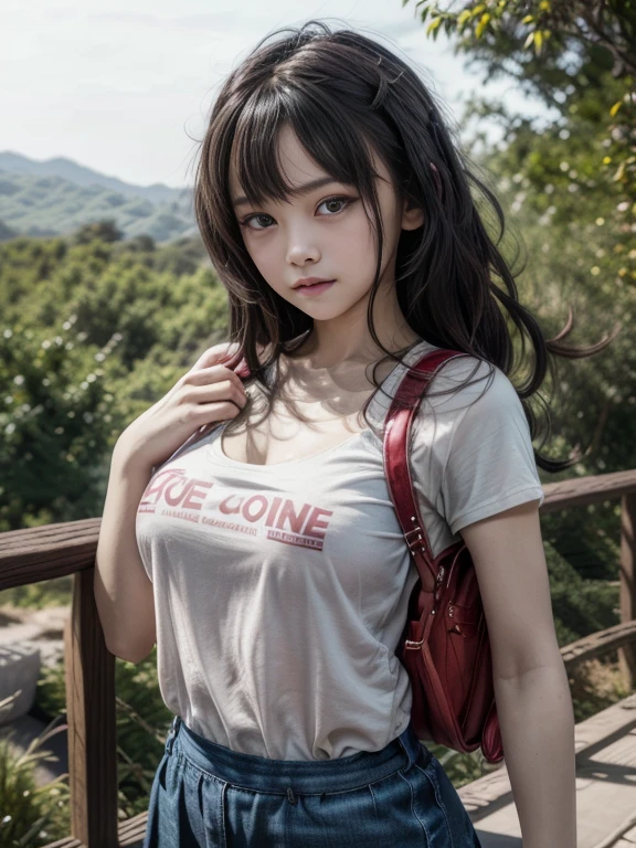 (8k),(masterpiece),(Chinese),(10-year-old girl),((Innocent look)),((Childish)),from the front,smile,cute,Innocent,Kind eyes, tight T-shirt, medium brasts, deep V breasts, open cleavage, Short sleeve,Blue checked short skirt,(Carrying a red backpack),Straight hair,Hair blowing in the wind,Black Hair,noon,bright