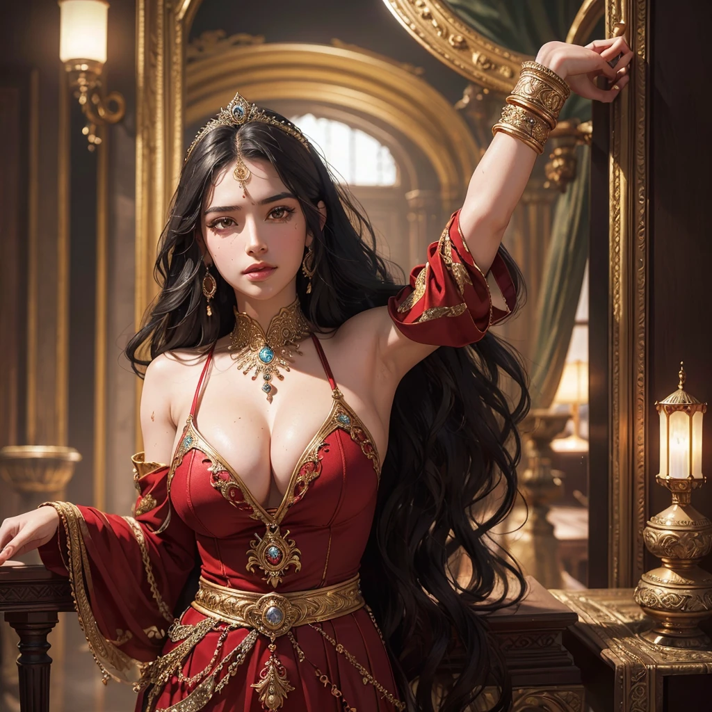 beautiful ozbek princess, long black wavy hair, tight red sharara, oily sweaty body, fair skin, visible large breasts, extremely sweaty armpits, extremely detailed eyes and face, beautiful detailed eyes, beautiful detailed lips, longeyelashes, intricate facial features, highly detailed skin, hyper-realistic, (best quality,4k,8k,highres,masterpiece:1.2),ultra-detailed,(realistic,photorealistic,photo-realistic:1.37), dramatic lighting, vivid colors, luxury, ornate, regal, opulent