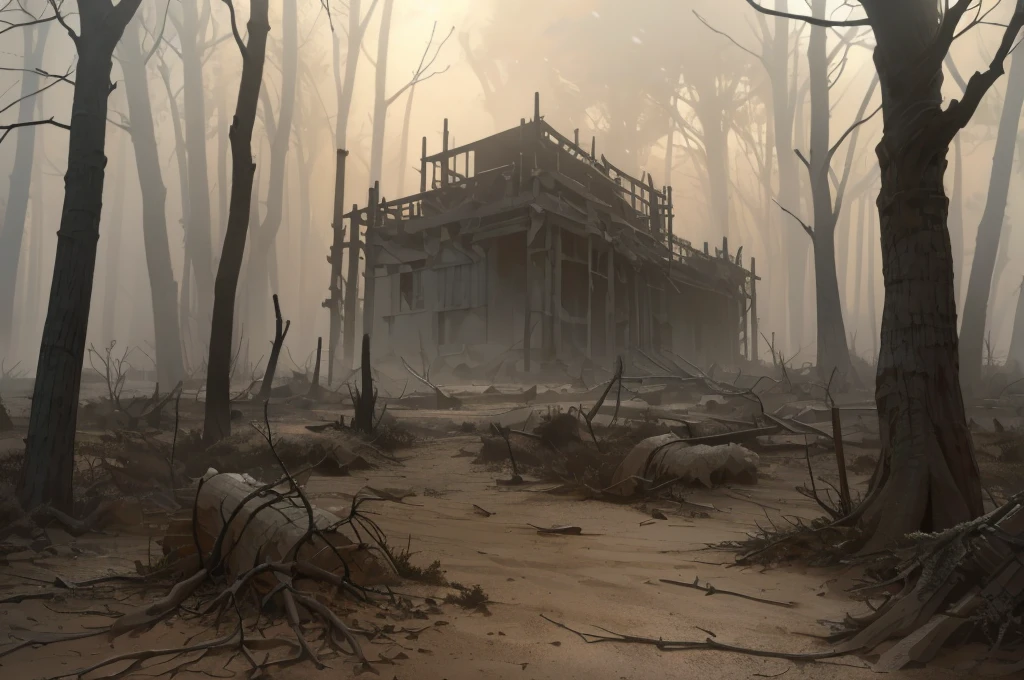 a dry forest, ???? trees, cracked earth, dead leaves, dust clouds, desolate landscape, apocalyptic atmosphere, dull colors, muted tones, warm lighting, gloomy mood, abandoned, (best quality,4k,8k,highres,masterpiece:1.2),ultra-detailed,(realistic,photorealistic,photo-realistic:1.37),dark fantasy,dramatic lighting,cinematic composition