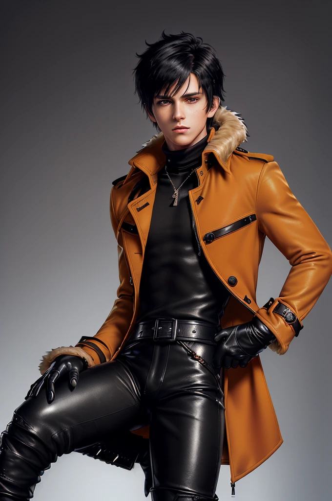 Final fantasy taste and reality graphics, ((Japanese young cute and cool ikemen  boy)), his age is early 20s, thin eyebrows and beady eyes,  ((he wearing orange beige color  thick and heavy material trench coat with black color neck fur)),((fur color is black)) ((coat is no leather material and soft fabric)), ((coat is large size)),((with epaulet)), ((coat is long sleeve)), ((zip up front of the coat with waist belt)), , ,, ((also wearing black thick material turtleneck lackluster shirts)),  ((tight black leather pants)),  ((put black leather tight and thin glove on both hands)), ((black leather glove)),((black leather knee-high raceup boots)),((must views  head-to-toe)),((must views whole body)), ,((Do not show skin from the neck down)),leather jacket leather glove and leather pants have few wrinkles, Avoid showing your innerwear,zip up jacket fastner.((must put on a leather glove)).
Boy is black hair.boy looks like fashion model.
Boy in the dim room.