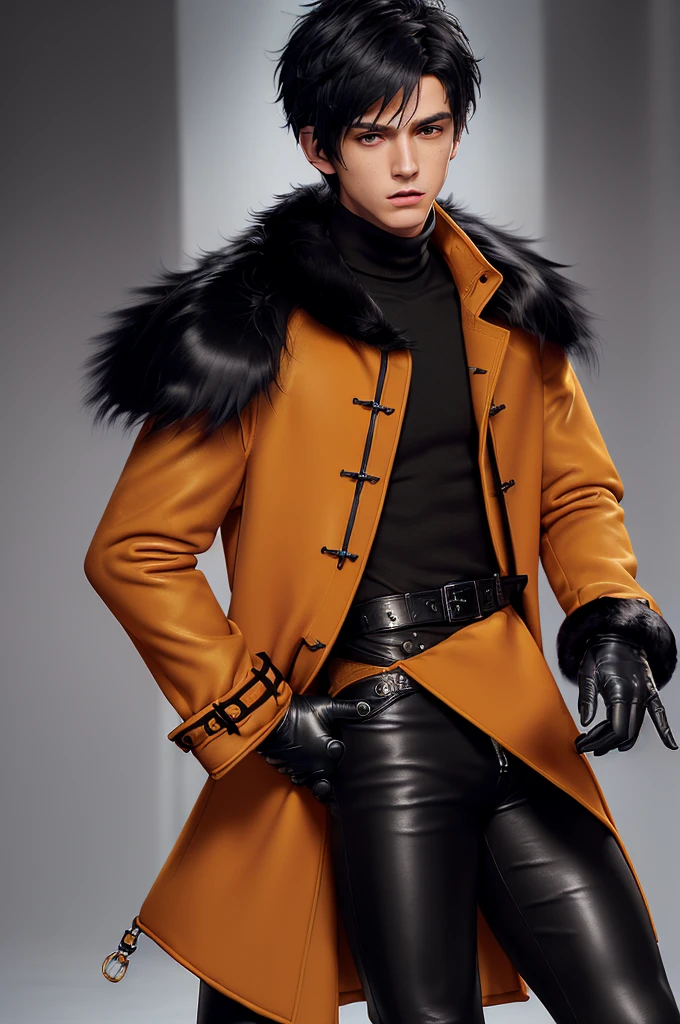 Final fantasy taste and reality graphics, ((Japanese young cute and cool ikemen  boy)), his age is early 20s, thin eyebrows and beady eyes,  ((he wearing orange beige color  thick and heavy material trench coat with black color neck fur)),((fur color is black)) ((coat is no leather material and soft fabric)), ((coat is large size)),((with epaulet)), ((coat is long sleeve)), ((zip up front of the coat with waist belt)), , ,, ((also wearing black thick material turtleneck lackluster shirts)),  ((tight black leather pants)),  ((put black leather tight and thin glove on both hands)), ((black leather glove)),((black leather knee-high raceup boots)),((must views  head-to-toe)),((must views whole body)), ,((Do not show skin from the neck down)),leather jacket leather glove and leather pants have few wrinkles, Avoid showing your innerwear,zip up jacket fastner.((must put on a leather glove)).
Boy is black hair.boy looks like fashion model.
Boy in the dim room.