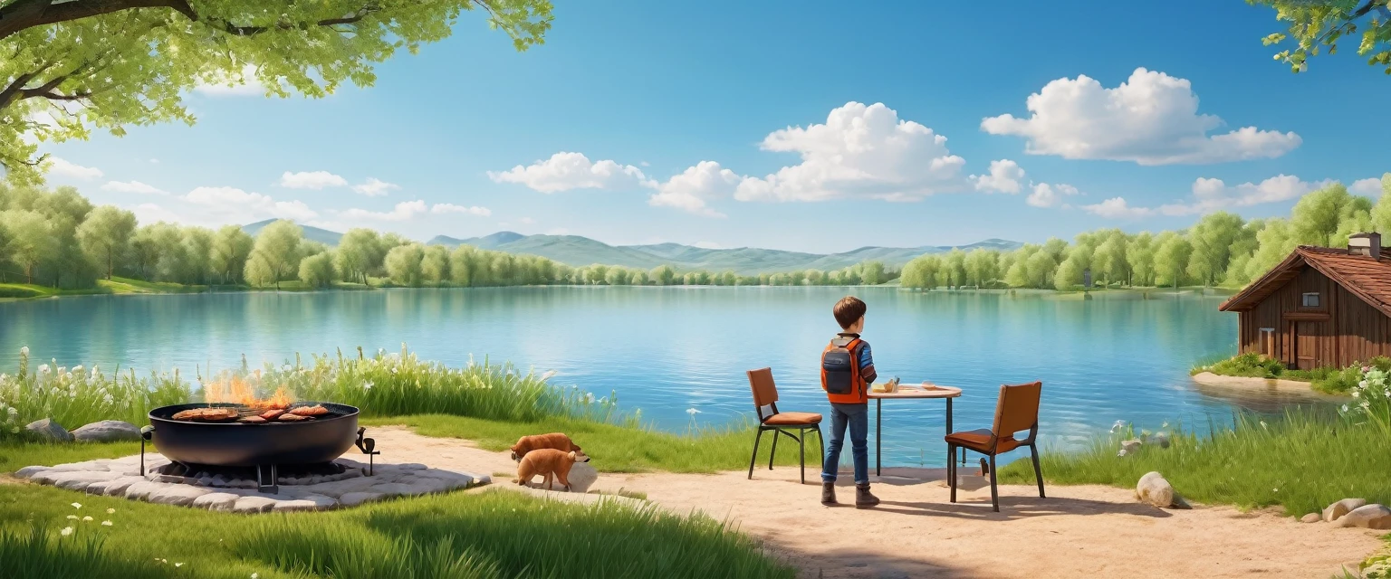 (1 boy:1.3)，journey，real picture，Палаaccurate лагерь，Spring Walk，lake，Natural scenes，barbecue，Blue sky natural background，clay materials，clean background，Horizontal design，3d，C4D，Blender，natural light，Light group photo，Very high detail with edge lighting.，complex parts，8 K, uhd, masterpiece, accurate, Anatomically correct, textured leather, award-winning