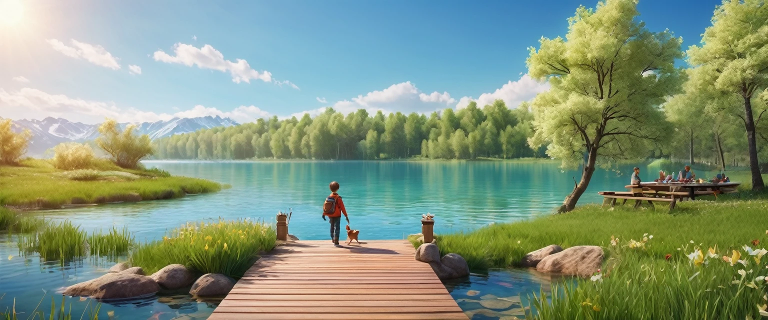 (1 boy:1.3)，journey，real picture，Палаaccurate лагерь，Spring Walk，lake，Natural scenes，barbecue，Blue sky natural background，clay materials，clean background，Horizontal design，3d，C4D，Blender，natural light，Light group photo，Very high detail with edge lighting.，complex parts，8 K, uhd, masterpiece, accurate, Anatomically correct, textured leather, award-winning