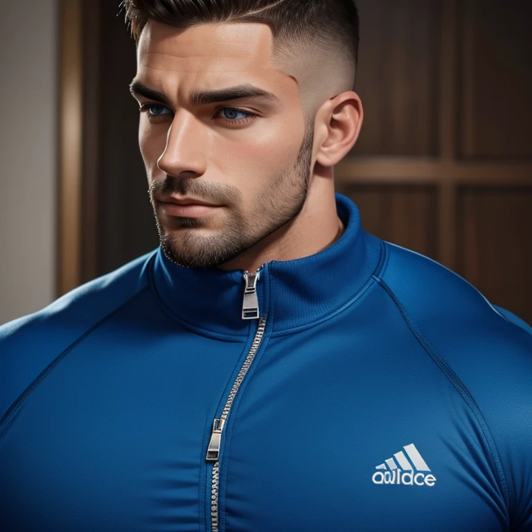 a very handsome man, with a haircut, massively muscular, with massively large muscles, blue sportswear with zippers, seen very close up