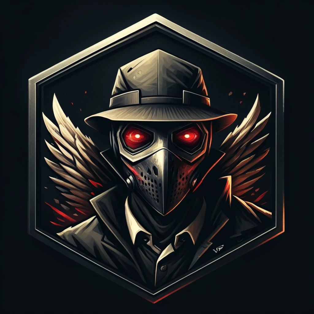 Badgetype,solo badge,counter strike2 type badge,solo,looking at viewer,red eyes,1boy,male focus,no humans,mask,glowing,black background,portrait,straight-on, plague doctor mask