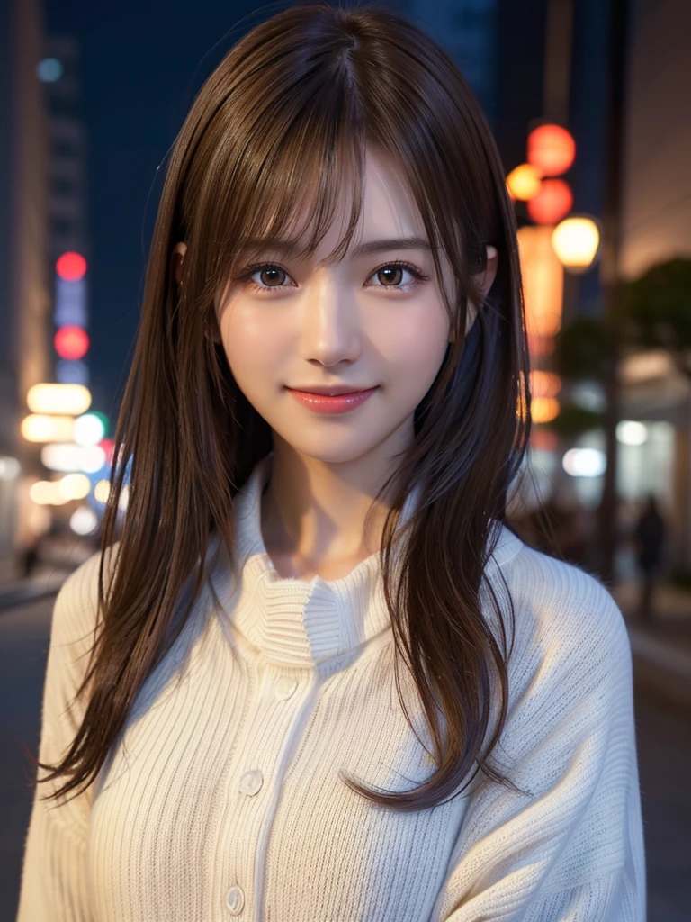 1 japanese girl,(white sweater:1.4),(wears a large muffler around his neck:1.2), (Raw photo, Best Quality), (Realistic, Photorealsitic:1.4), masterpiece, extremely delicate and beautiful, Extremely detailed, 8k wallpaper, amazing, finely detail, extremely detailed CG Unity, hight resolution, Soft light, Beautiful detailed 17 year old girl, extremely detailed eye and face, beautiful detailed nose, Beautiful detailed eyes,Cinematic lighting,city light at night,Perfect Anatomy,Slender body,midium breast,Smiling, (hair messy, asymmetrical bangs, light brown hair,),