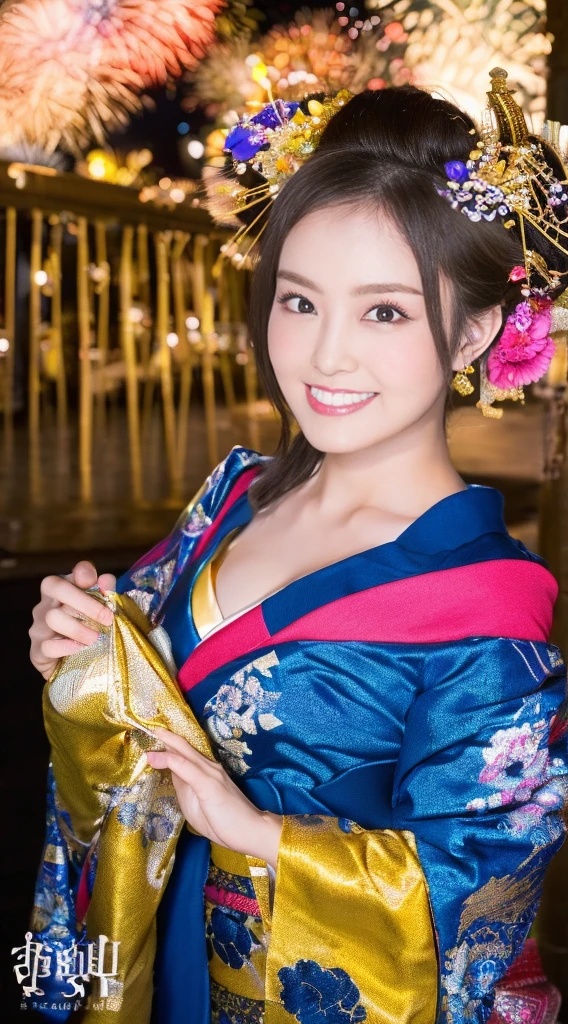 ((masterpiece(:1.4),Highest quality,Ultra-high resolution,Highest quality,8k,Extremely detailed,In detail))。night,Fireworks display,Japanese,A beautiful woman,Golden Ratio Style,Gal Makeup,Oiran,Long-sleeved kimono,Hair tying,hair ornaments,smoke tube,geta,Gorgeous and luxurious,(Fireworks displayのnightに河川敷で花火を背景にしたスナップ写真),Hyper Quality