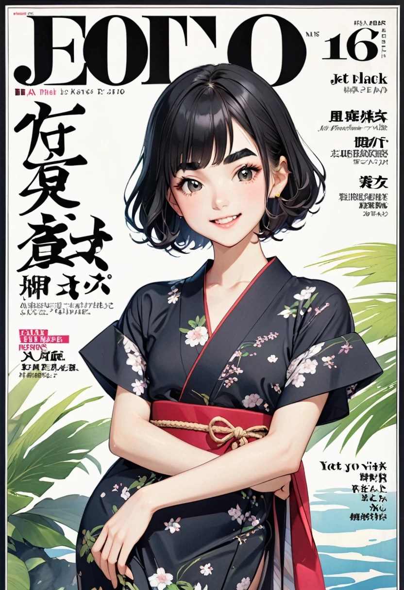 (fashion magazine cover:1.3),(magazine title of "edo mode"),(masterpiece, best quality:1.1),A gravure photo of a girl from the Edo period, with a model posing,bird symbol pattern yukata,open yukata,model posing,summer,whole body,BREAK.(16yo,detailed face,(jet-black wavy-short hair),thick eyebrows),shiny hair,great joy,