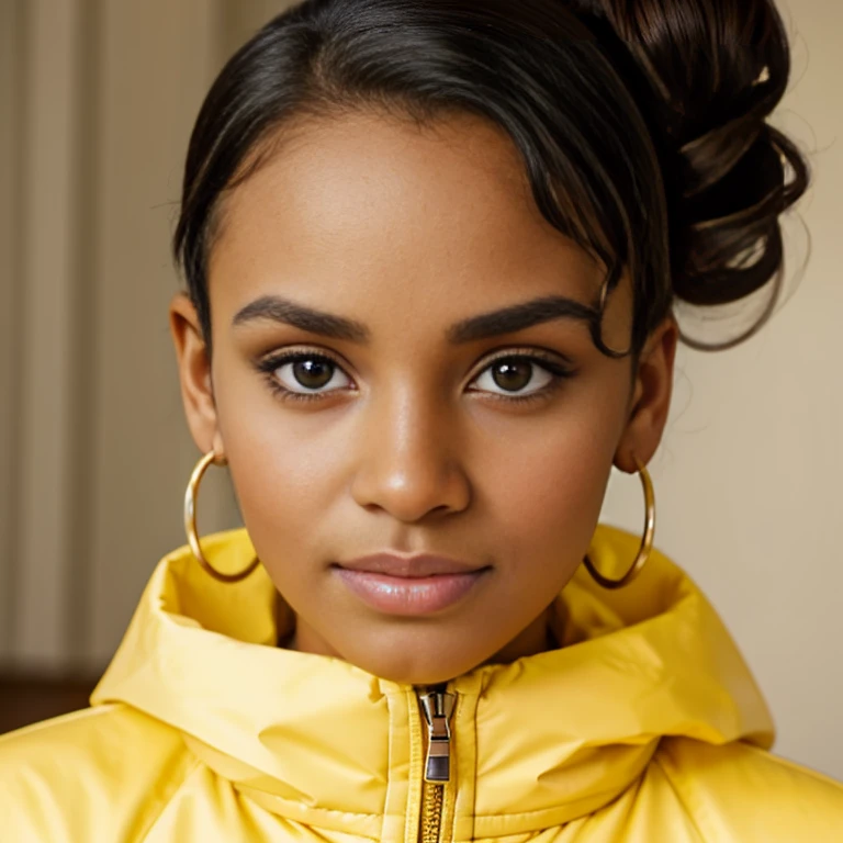 Create a hyper-realistic portrait of a young woman with medium to dark curly hair styled in a half-updo. She has a warm brown skin tone, large expressive eyes with well-defined eyebrows, and a delicate nose ring on her left nostril. Her facial expression is confident and poised. She is wearing large hoop earrings and a light-colored jacket with a high collar. The background is softly blurred to emphasize her features.