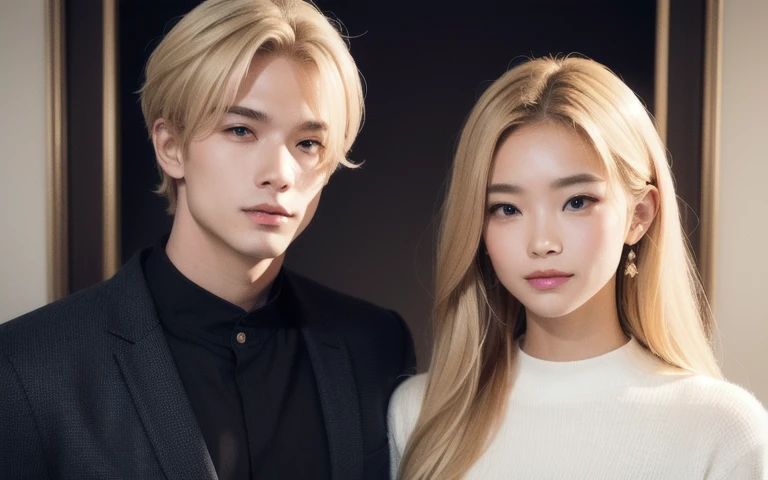 couple standing, both with blond hair, man face is taller, woman face is taller and jawlines, both are happy,