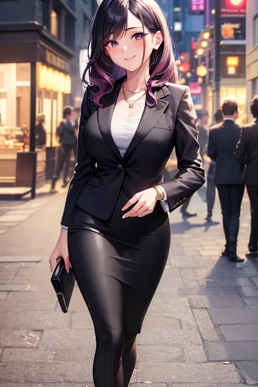 ((masterpiece, best quality, ultra-detailed)), 1girl, beautiful business woman in office building, smiling, wearing pink blouse and blazer, bracelet, necklace, black midi pencil skirt, black business skirt, heels, full body, purple hair, hand on hip