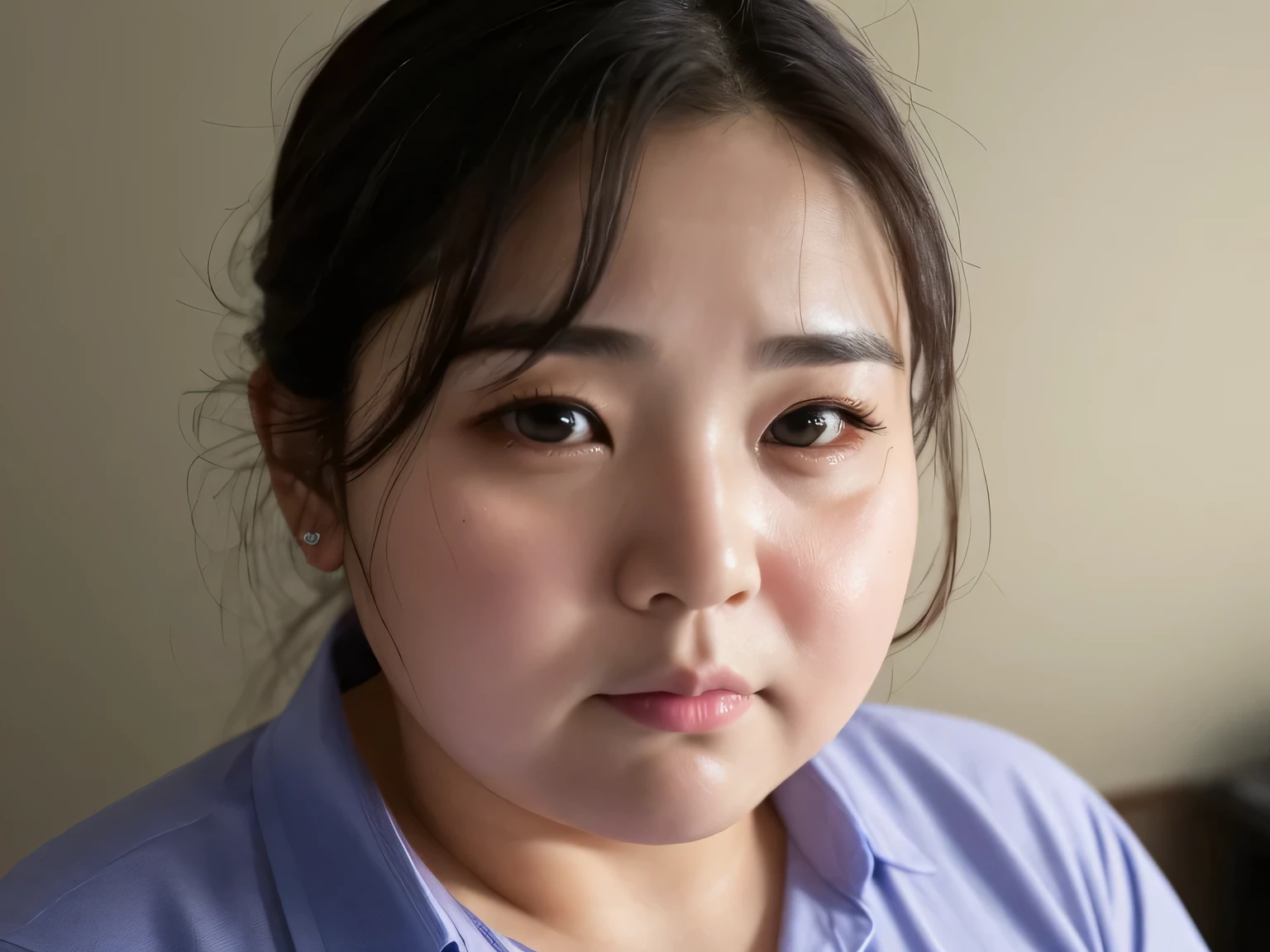 woman、Obese、Sweating、Looking at the camera、Face the front completely、Fat face、woman1人、Wearing a dress shirt、Not see-through、sports、50代woman、Small eyes、Low nose、Thin lips、Thick eyebrows、ugly