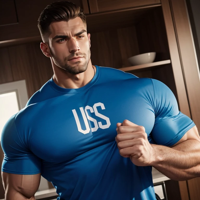a very handsome man, with a haircut, massively muscular, with massively large muscles, blue sports shirt, seen very close up