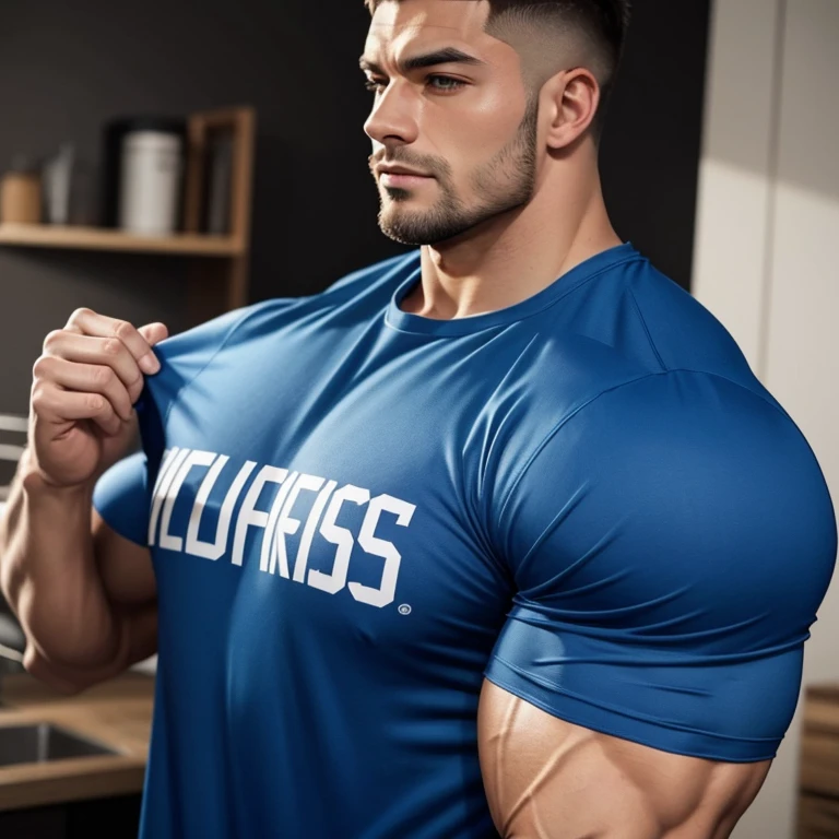 a very handsome man, with a haircut, massively muscular, with massively large muscles, blue sports shirt, seen very close up