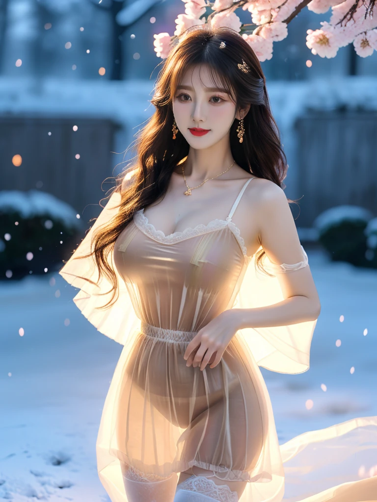 A Chinese female model, (weather:night), (weather:rain), (background:Snow Scene), (8K Ultra HD, Digital SLR Camera, Soft Light, high quality, Volumetric Lighting, frank, photo, high resolution, 4K, 8K, Bokeh), ((Create stunning images of real girls), warm light, Dynamic poses, Elegant Posture, Cowboy lens, Full body front view, From the front，Be confident, Body facing the camera, Standing facing the camera, Open your legs slightly, Golden Ratio Graphics, Minimalism), (Show a charming smile, Willow Leaf Eyebrows, big eyes, Apricot eye prick, Cherry Blossom, Balanced Eyes, Oval face, Pretty Face, Normal facial features, Skin is transparent and visible, Thin skin and tender meat, Slim body, cosmetic, earrings, bracelet, necklace, Jewelry, veil, Hair accessories, Headdress), (Brown hair, Wavy curly hairstyle, Waist-length hair, Messy Hairstyle, Gradient hairstyles, Cyberpunk hairstyle), ((Transparent clothes：1.5), (The color of the clothes:Purple), Transparent Clothes, See-through clothes, Transparent Clothes, Tulle clothes, Mesh clothes, Flowing clothes, latex underwear, Transparent lace maxi dress), (Sexy, Perfect breast shape, Teardrop chest shape, Snow-white breasts, very detailed breasts, 34E cup), (Super high waist clothes, Hollow clothes,(Camel toe, High fork strangulation)), (sock, Knee socks, 吊garter, Leg ring, garter, 腿部garter)