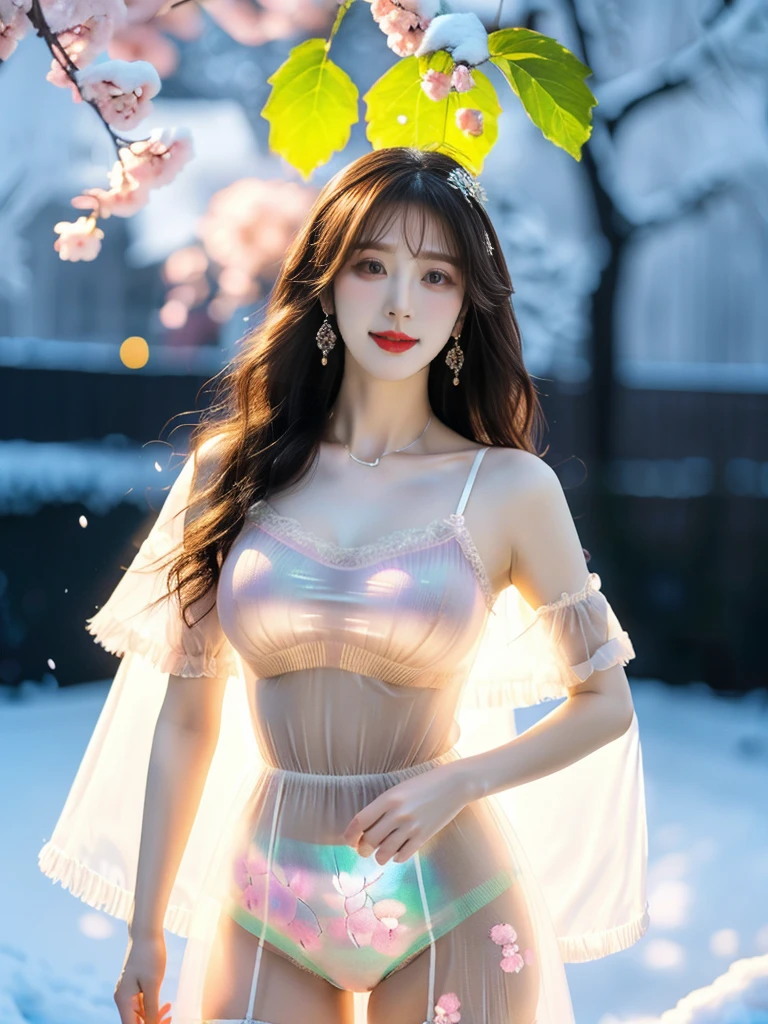 A Chinese female model, (weather:night), (weather:rain), (background:Snow Scene), (8K Ultra HD, Digital SLR Camera, Soft Light, high quality, Volumetric Lighting, frank, photo, high resolution, 4K, 8K, Bokeh), ((Create stunning images of real girls), warm light, Dynamic poses, Elegant Posture, Cowboy lens, Full body front view, From the front，Be confident, Body facing the camera, Standing facing the camera, Open your legs slightly, Golden Ratio Graphics, Minimalism), (Show a charming smile, Willow Leaf Eyebrows, big eyes, Apricot eye prick, Cherry Blossom, Balanced Eyes, Oval face, Pretty Face, Normal facial features, Skin is transparent and visible, Thin skin and tender meat, Slim body, cosmetic, earrings, bracelet, necklace, Jewelry, veil, Hair accessories, Headdress), (Brown hair, Wavy curly hairstyle, Waist-length hair, Messy Hairstyle, Gradient hairstyles, Cyberpunk hairstyle), ((Transparent clothes：1.5), (The color of the clothes:Purple), Transparent Clothes, See-through clothes, Transparent Clothes, Tulle clothes, Mesh clothes, Flowing clothes, latex underwear, Transparent lace maxi dress), (Sexy, Perfect breast shape, Teardrop chest shape, Snow-white breasts, very detailed breasts, 34E cup), (Super high waist clothes, Hollow clothes,(Camel toe, High fork strangulation)), (sock, Knee socks, 吊garter, Leg ring, garter, 腿部garter)