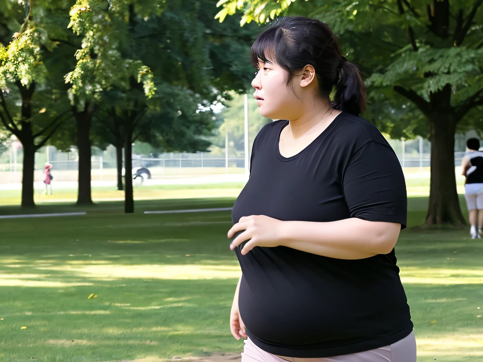 Fat women、Black Shirt、50th Generation、Sweating profusely、heavy、One woman、sports、Looking at the camera、Face the front completely、park、heavy weight(100kg) , ugly , lonely