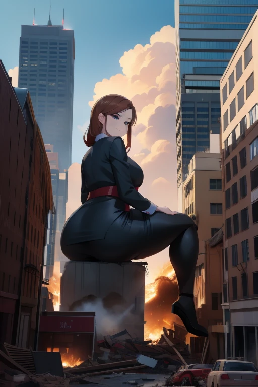 GTS, giantess sitting down on a city model, curvy, busty, evil smirk, thick thighs, sitting down, back view, looking at viewer, smoke, destruction, destroyed buildings