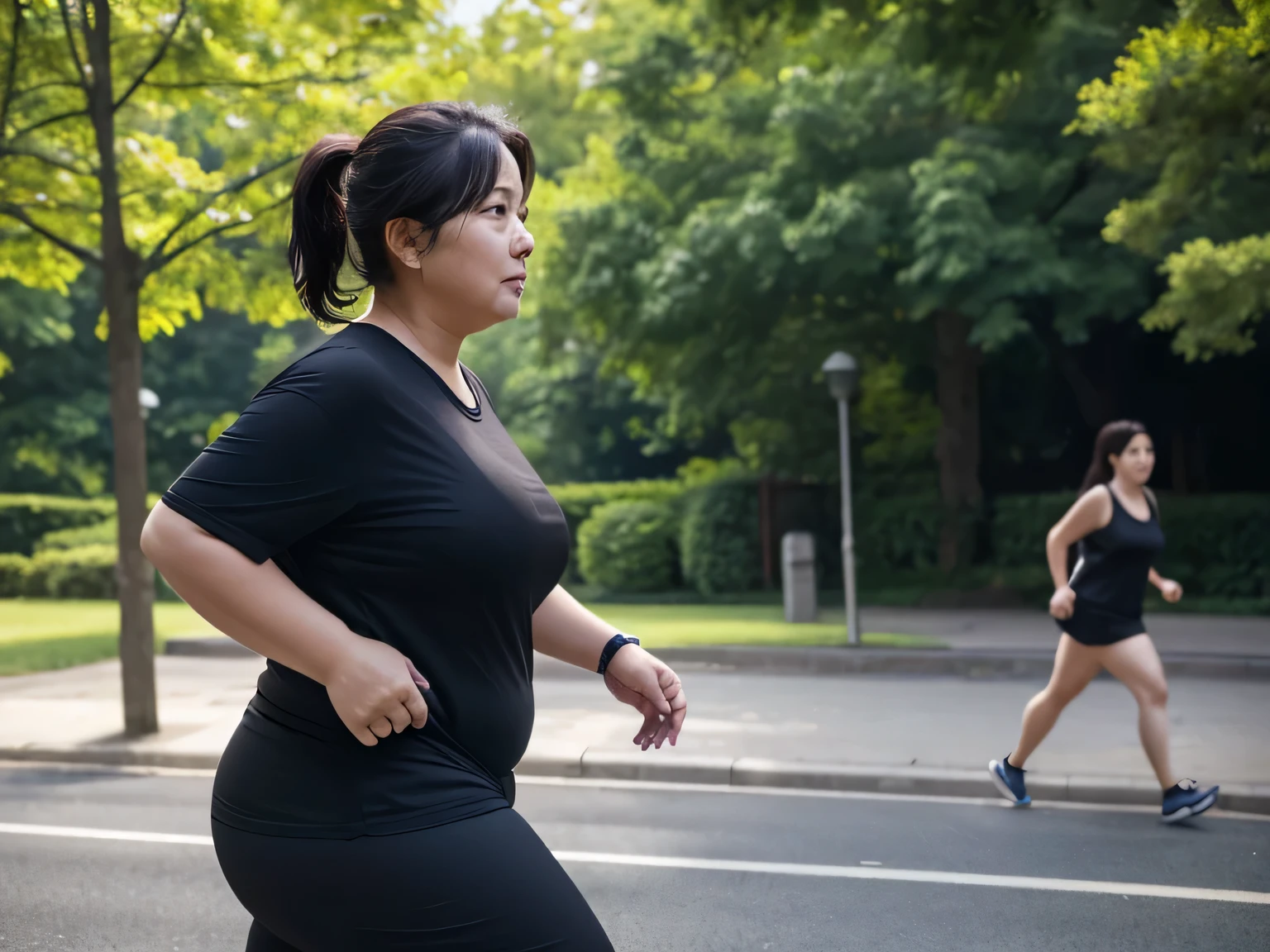 A fat woman in her 50s wearing a black shirt is walking through the park、Sweating、Relaxed silhouette、tired、Looking straight ahead、ugly、Looking at the camera、Looking straight、 heavy weight(100kg)、Laziness、Evil Face、He has a bad appearance、dirty、One female、running